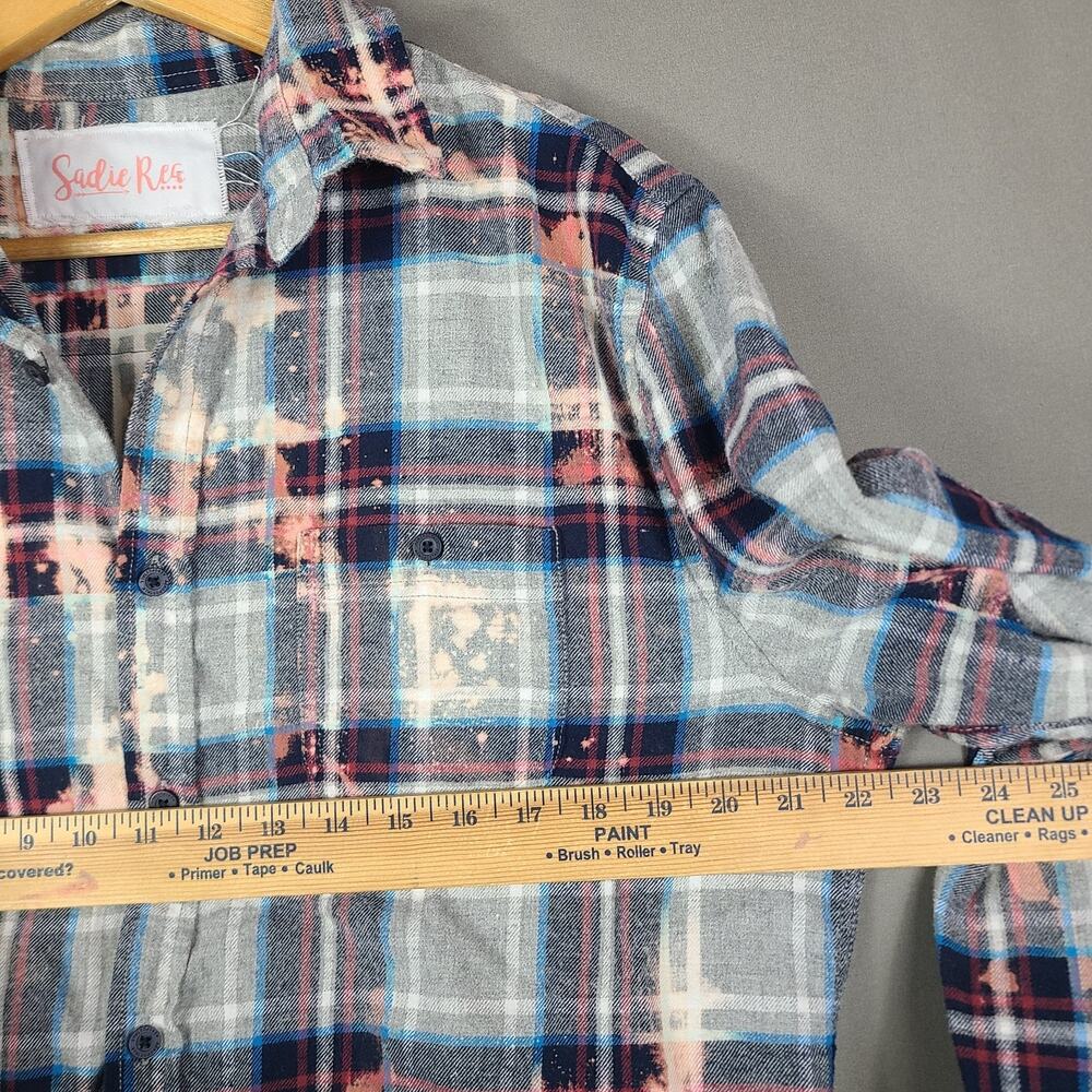 Upcycled OOAK Flannel Blue Plaid Bleached Country Western Cowgirl Rodeo Size L - Picture 9 of 11